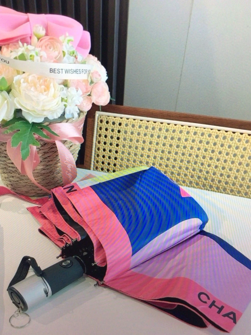 CHANEL Pink, Blue & Yellow Graphic Coco Heart Umbrella